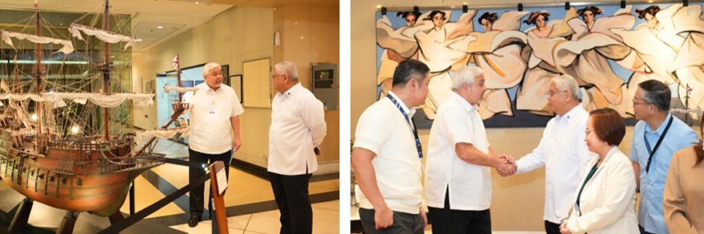 Left panel shows two men in white shirts examining a large wooden ship model on display in a museum. Right panel shows officials shaking hands in front of a mural while others look on.