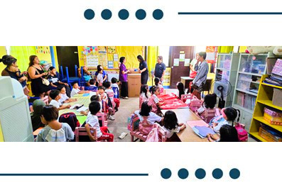 Busy kindergarten classroom with children seated on the floor in groups while teachers lead an activity, colorful shelves and decorations in the background.