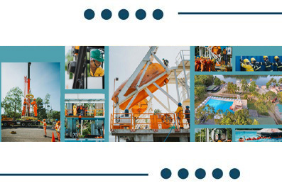 Collage of construction workers and equipment, featuring cranes, scaffolding, and safety gear, bordered by blue graphic lines.