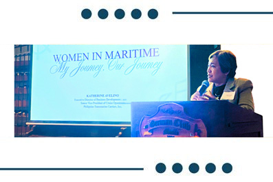 Female speaker at a podium presenting 'Women in Maritime: My Journey, Our Journey' with a slide displayed on a screen in the background.
