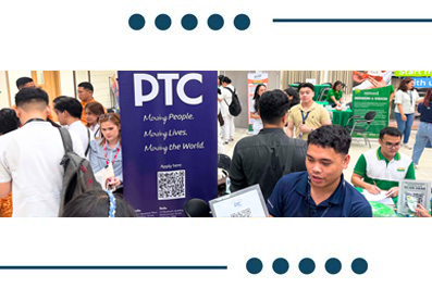 Busy convention floor with a prominent PTC booth banner as attendees mingle around displays and tables.