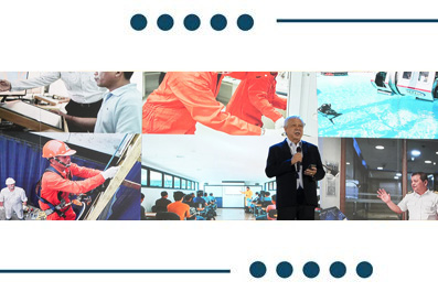 Collage of professionals from different fields (construction, manufacturing, healthcare) with a man in a suit giving a presentation.