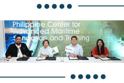 Panel of four people seated at a long table during a maritime education conference, with a banner reading 'Philippine Center for Advanced Maritime Education and Training' in the background.